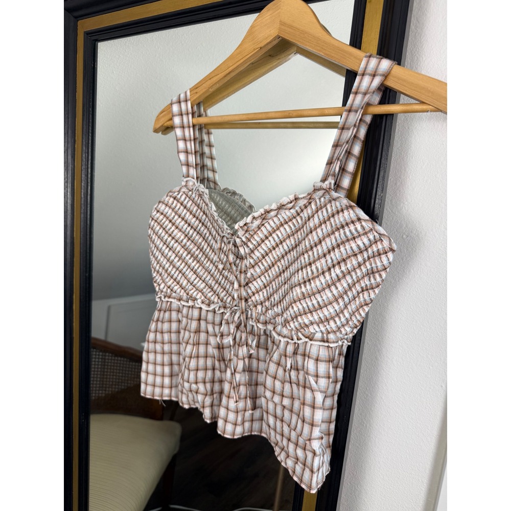 American Eagleโ Brown Blue Plaid Smocked Babydoll Peplum Cami Top Small NWT
